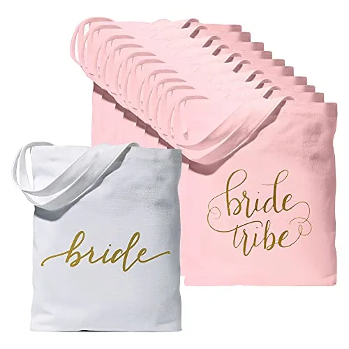 11 Piece Set of Bride and Bride Tribe/Bridesmaid Tote Bags for