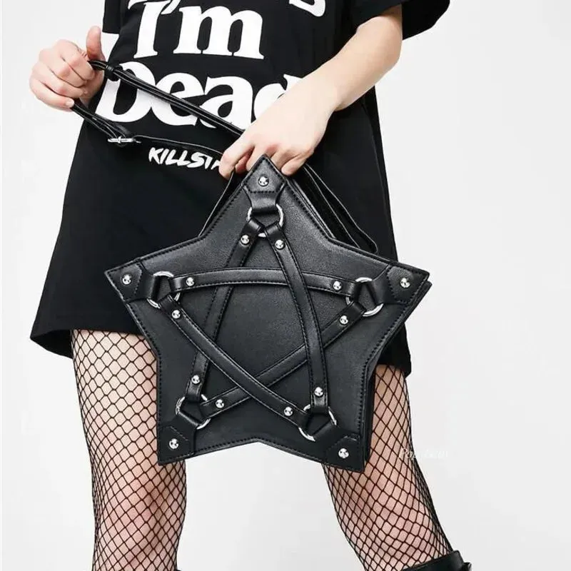 Black Gothic Retro Pentagram Punk Fashion Designer Casual Unisex Leather Bag