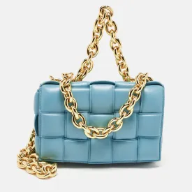 Blue Padded Leather Chain Cassette Shoulder Bag