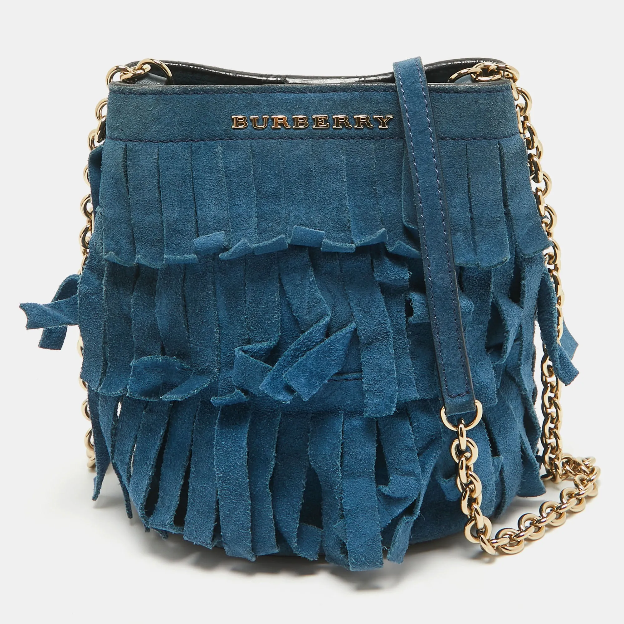 Blue Suede Mini Fringe Bucket Bag