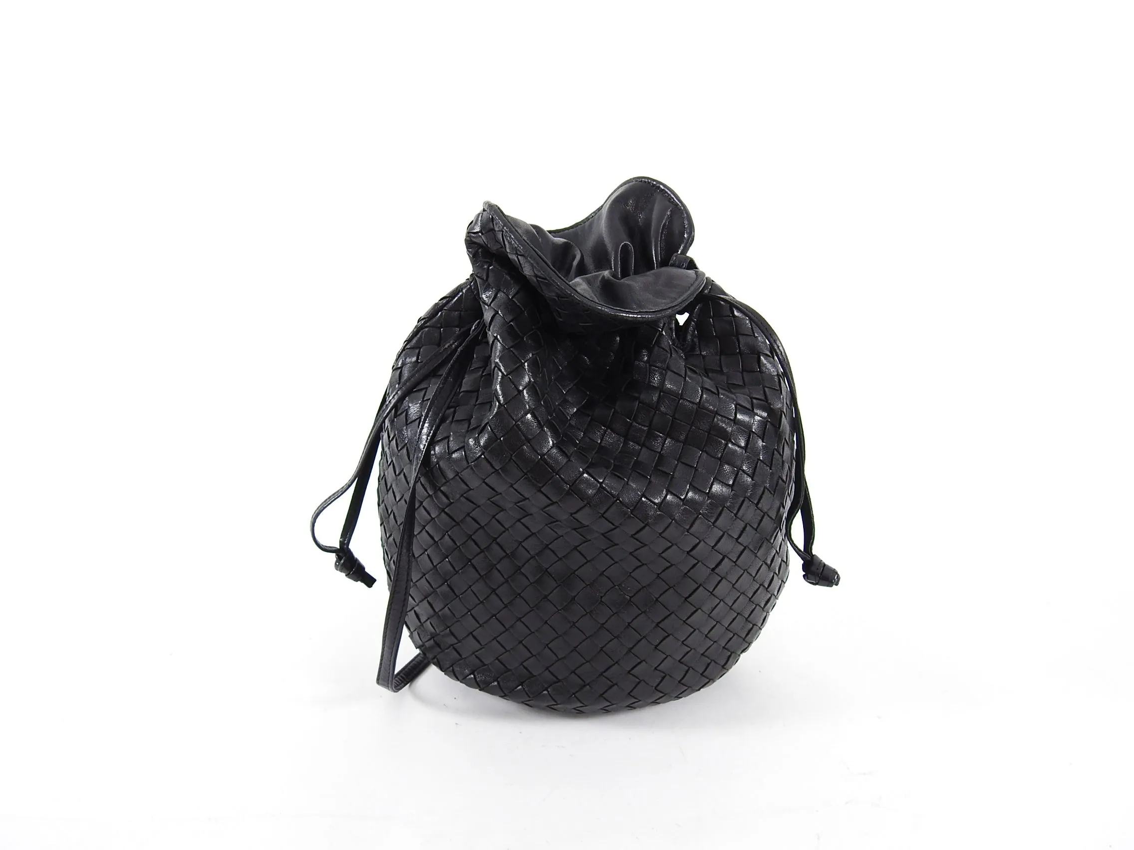 Bottega Veneta Vintage Black Intrecciato Leather Drawstring Bag