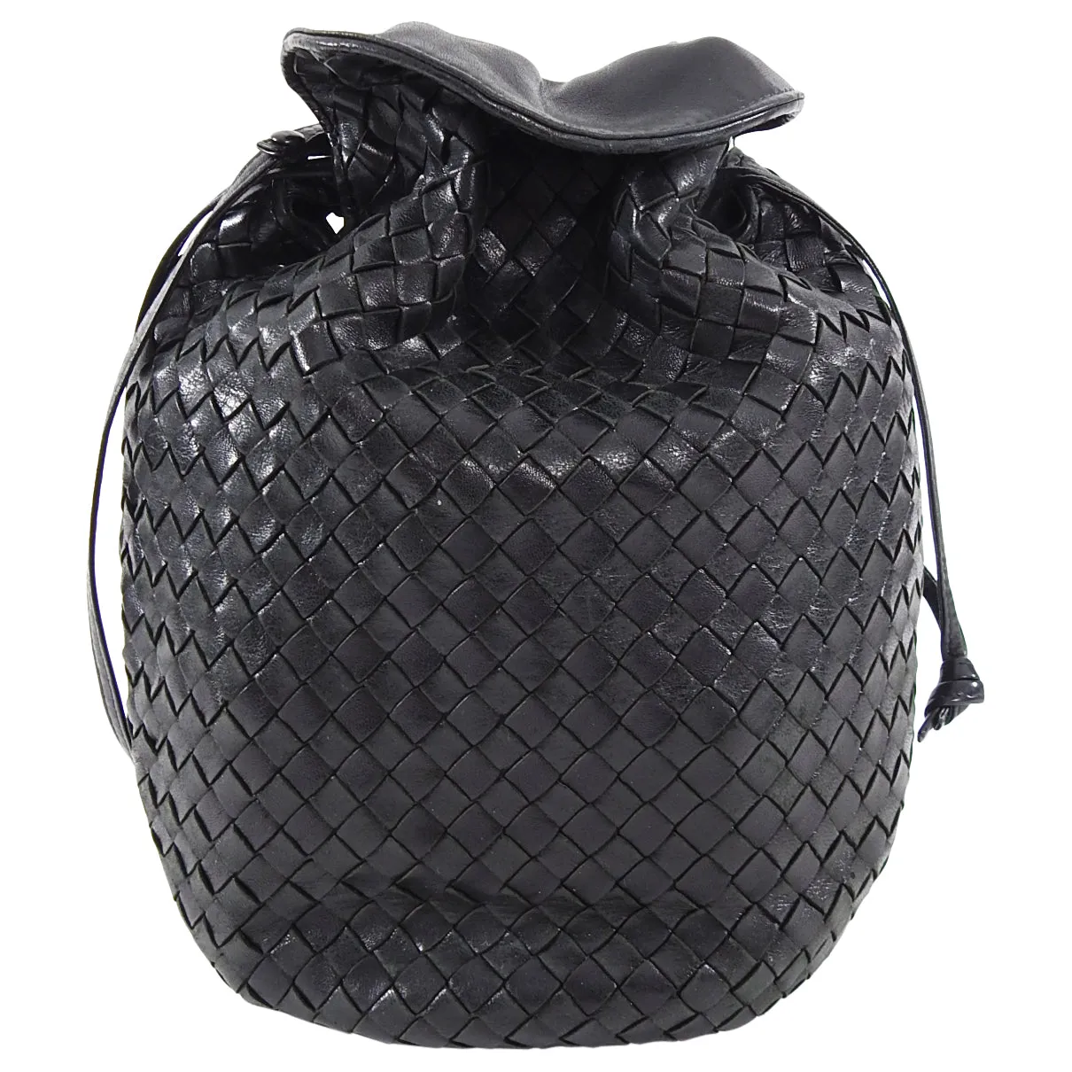 Bottega Veneta Vintage Black Intrecciato Leather Drawstring Bag