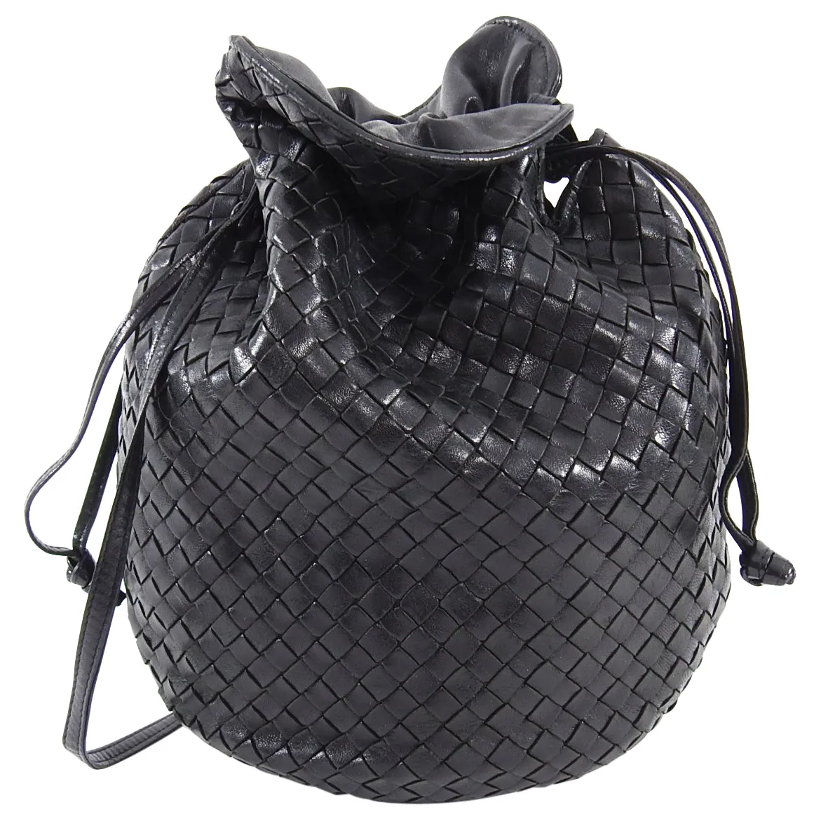 Bottega Veneta Vintage Black Intrecciato Leather Drawstring Bag