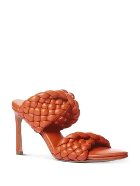 BOTTEGA VENETA Womens Orange Padded Woven Curve Almond Toe Stiletto Slip On Leather Heeled Mules Shoes