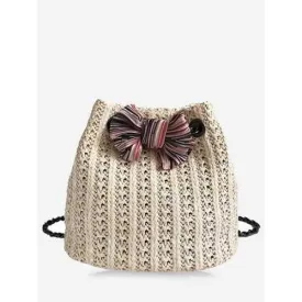 Bowknot Straw Chain Bucket Bag - Beige