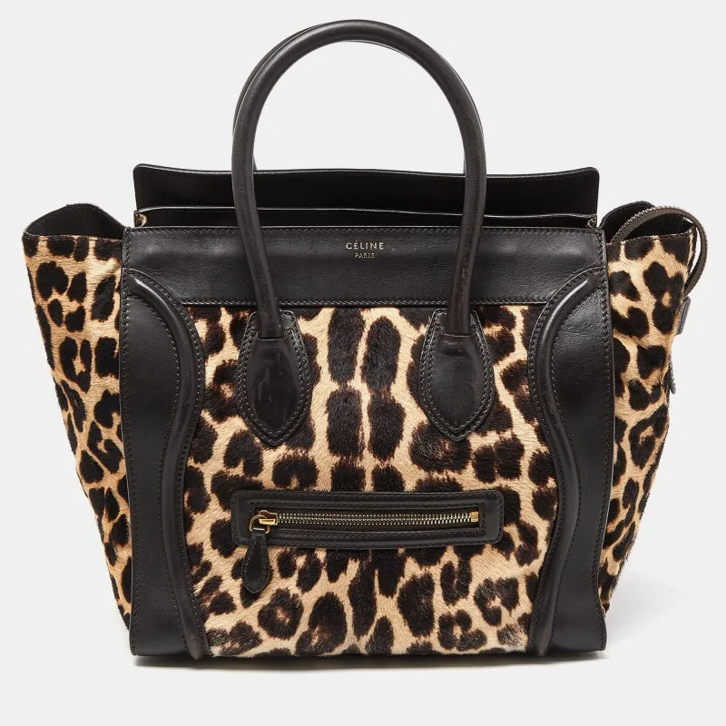 Brown Leopard Print Calfhair and Leather Mini Luggage Tote