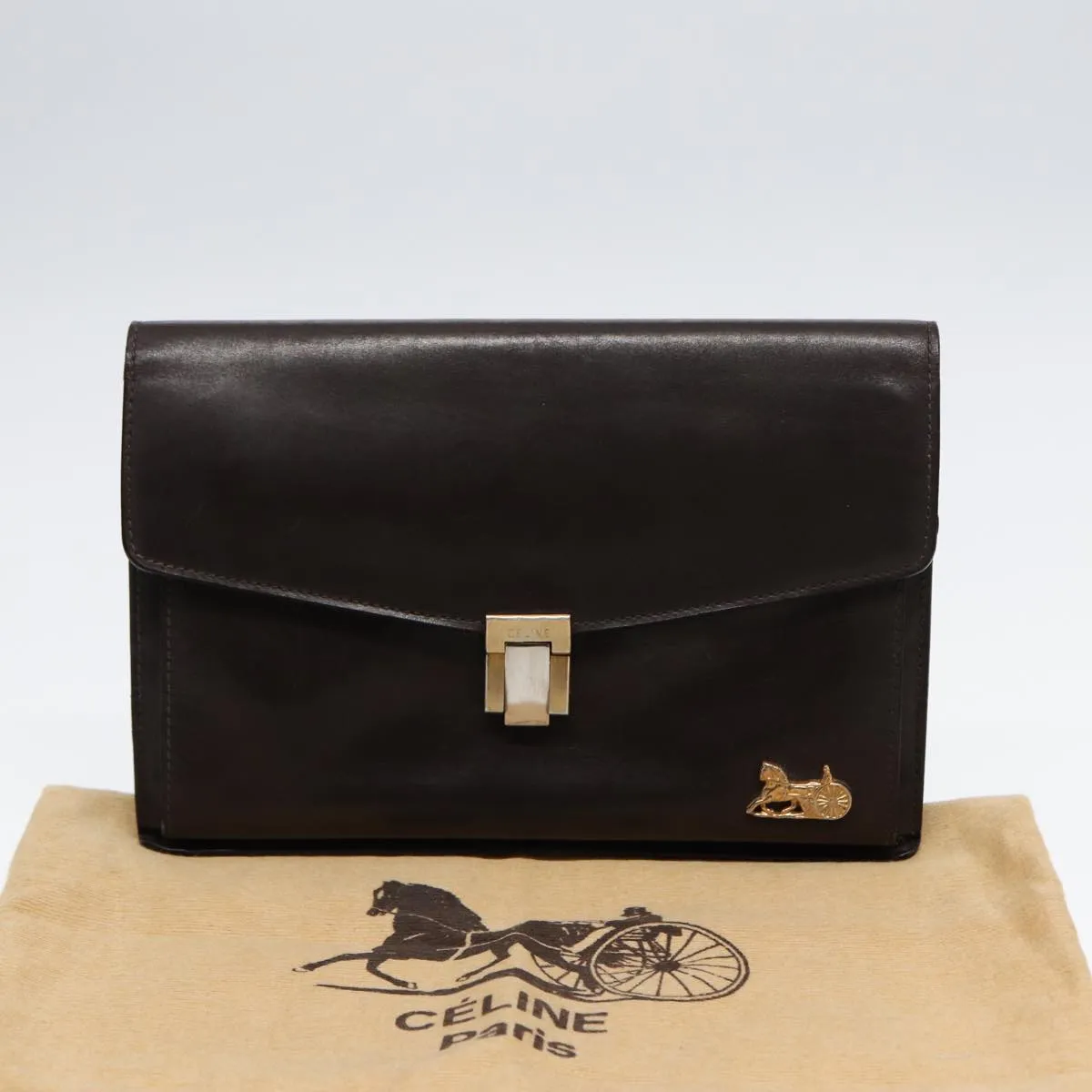 CELINE Clutch Bag Leather Brown Gold Auth bs16841