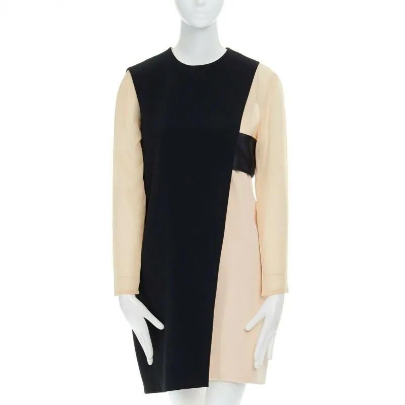 CELINE Phoebe Philo nude black asymmetric layered silk sleeve shift dress FR38