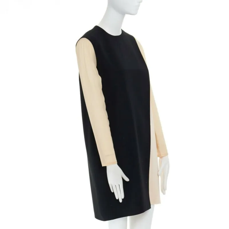 CELINE Phoebe Philo nude black asymmetric layered silk sleeve shift dress FR38