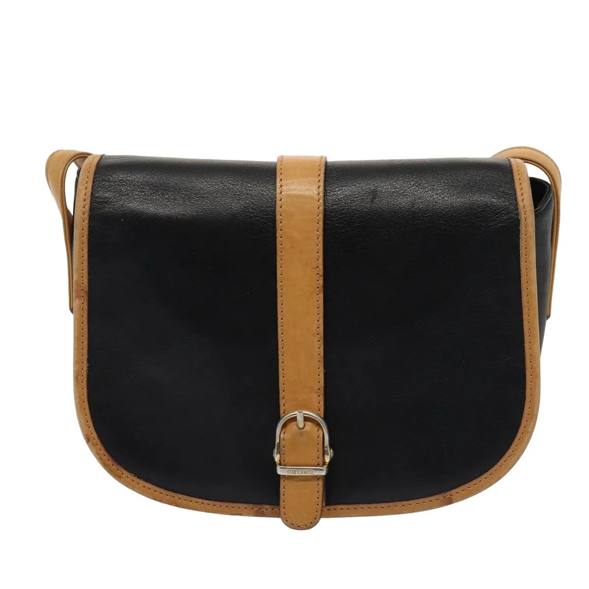 CELINE Shoulder Bag Leather Black Auth 79698