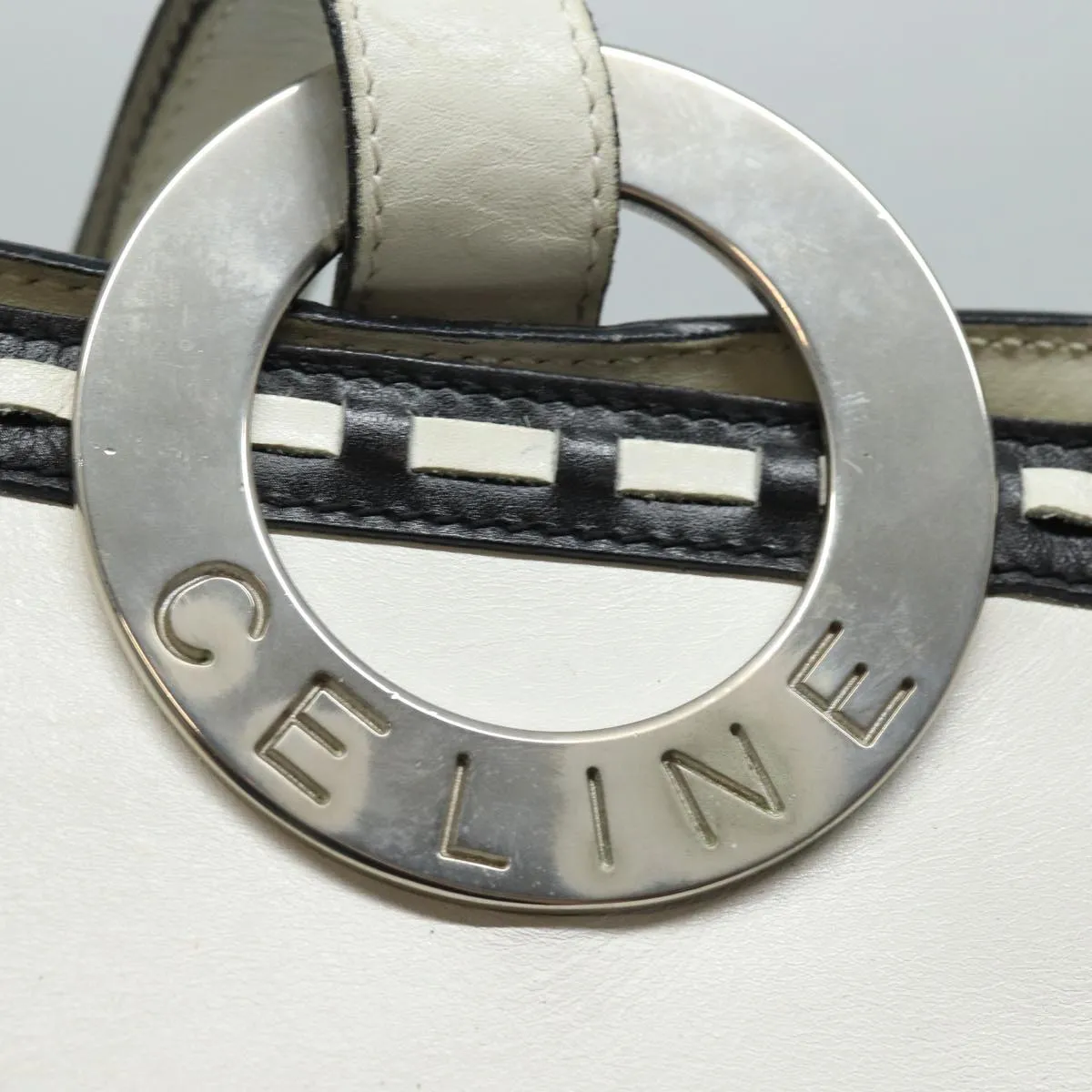 CELINE Shoulder Bag Leather White Silver Auth 86175