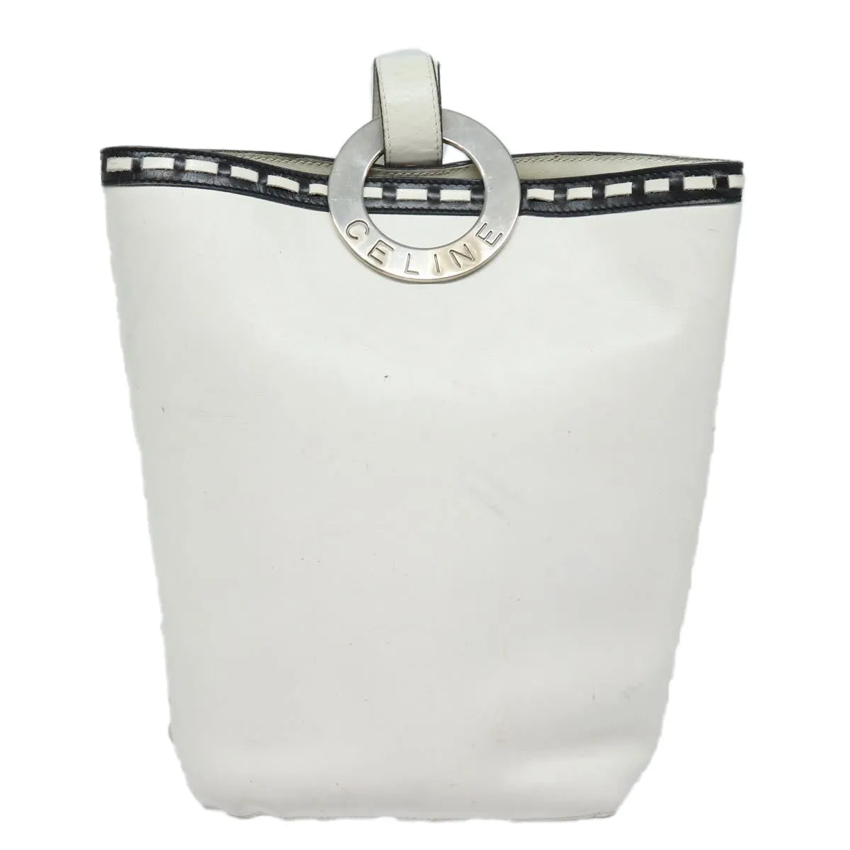 CELINE Shoulder Bag Leather White Silver Auth 86175