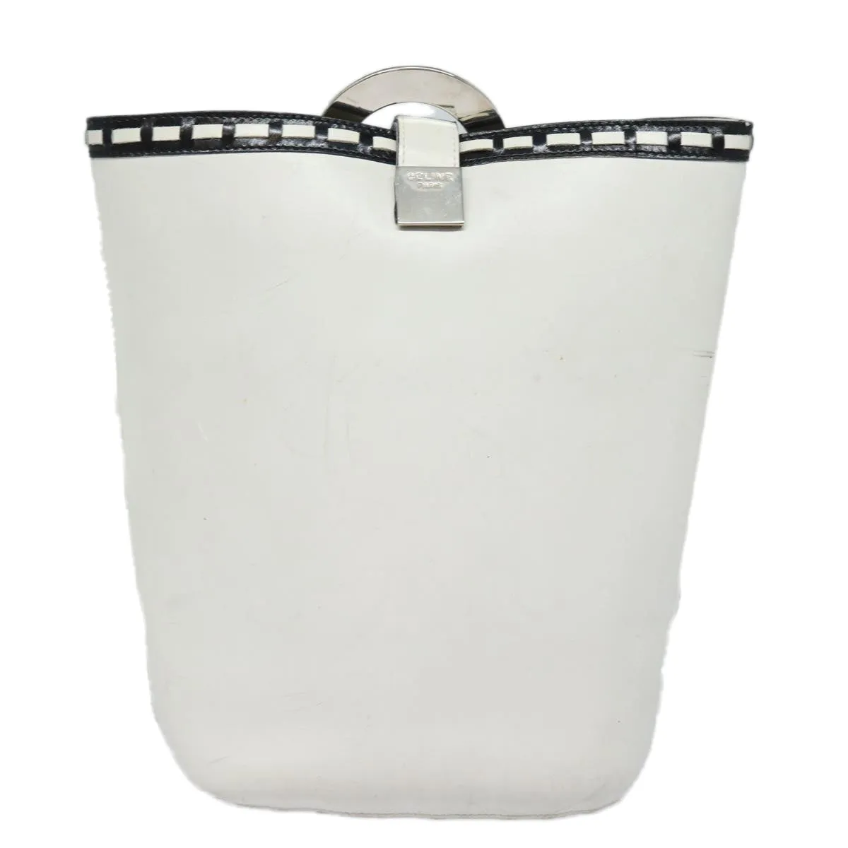 CELINE Shoulder Bag Leather White Silver Auth 86175