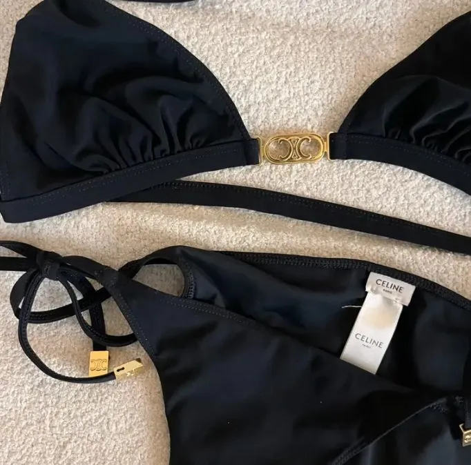 Celine two piece black bikini with triomphe logo detail   Size small