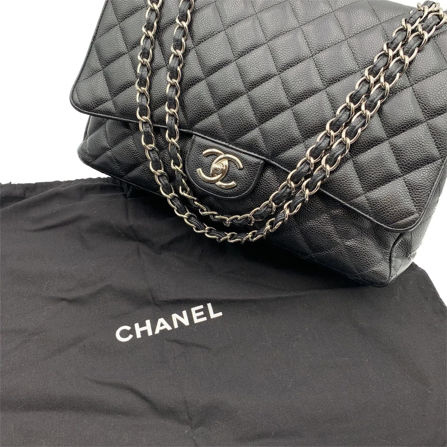 CHANEL Black Quilted Caviar Maxi Timeless Classic 2.55 Double Flap Bag