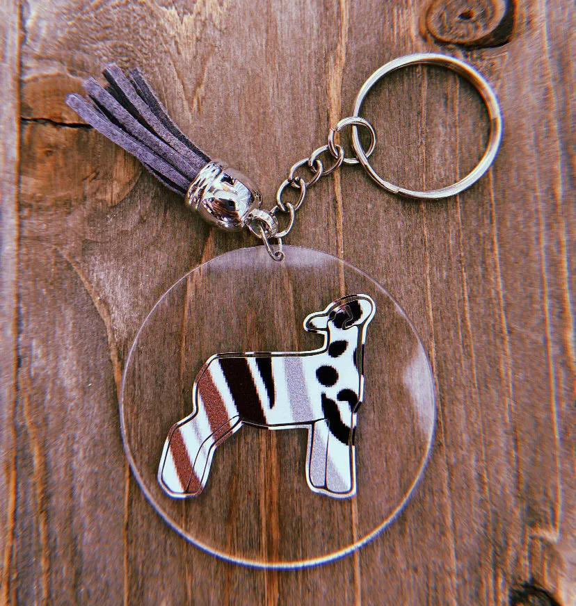 Crazy Zoo Print Lamb Clear Circle Keychain