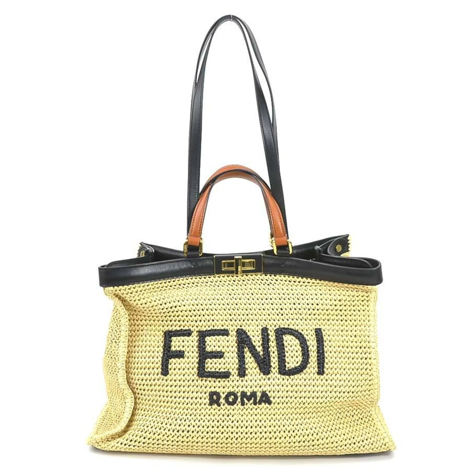 FENDI Handbag Shoulder Bag Peekaboo X Tote Raffia/Leather Beige/Black Gold Ladies