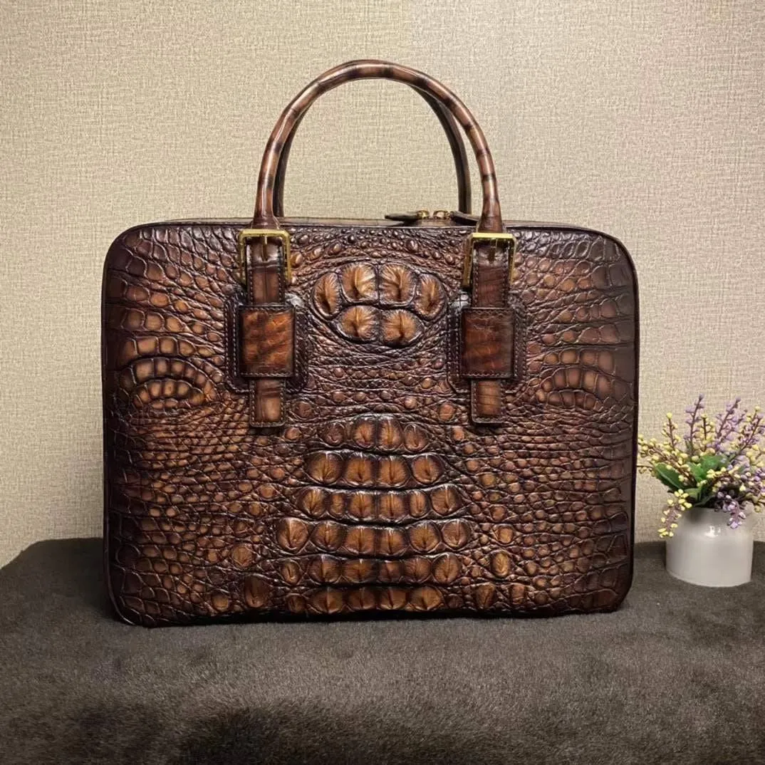 Genuine Crocodile Leather Briefcase ,Business Laptop Bags Vintage Tan