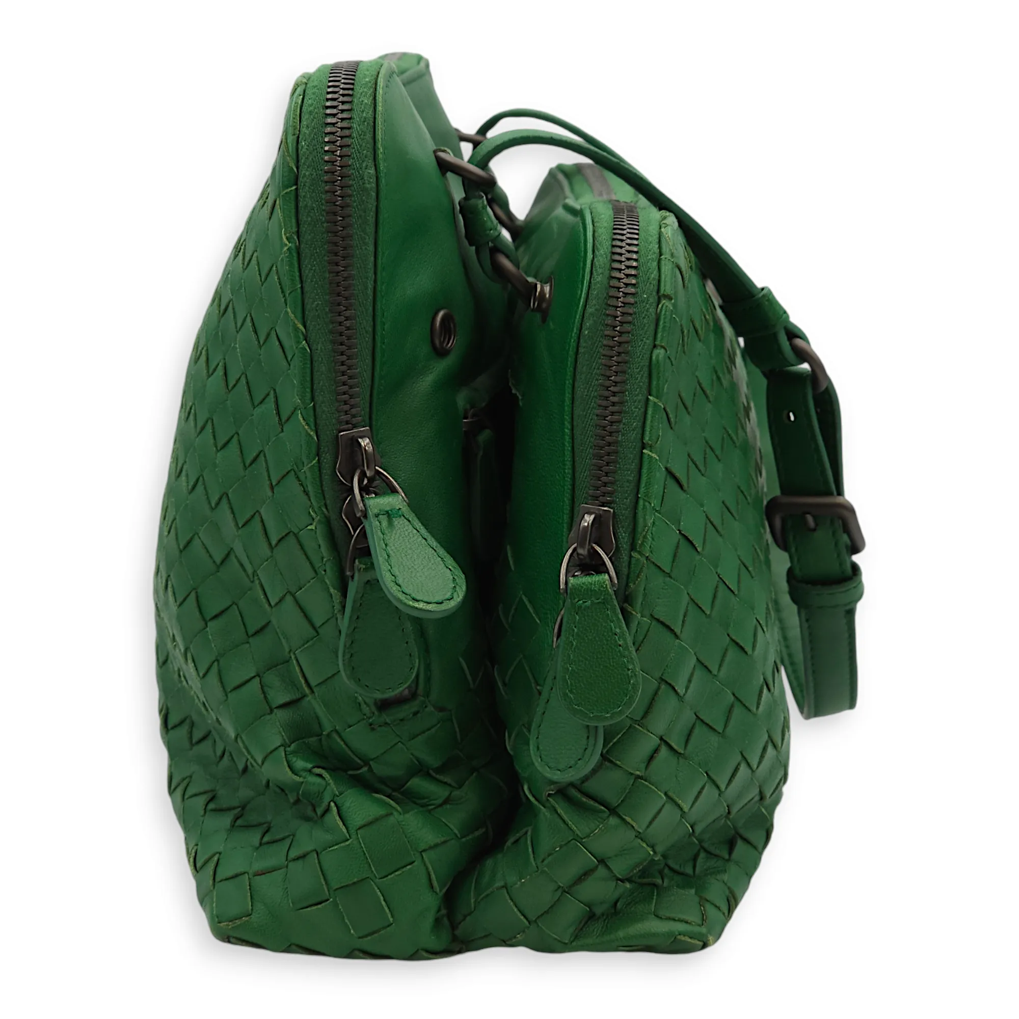 Intrecciato Green Shoulder Bag in Nappa Leather, Brunito hardware