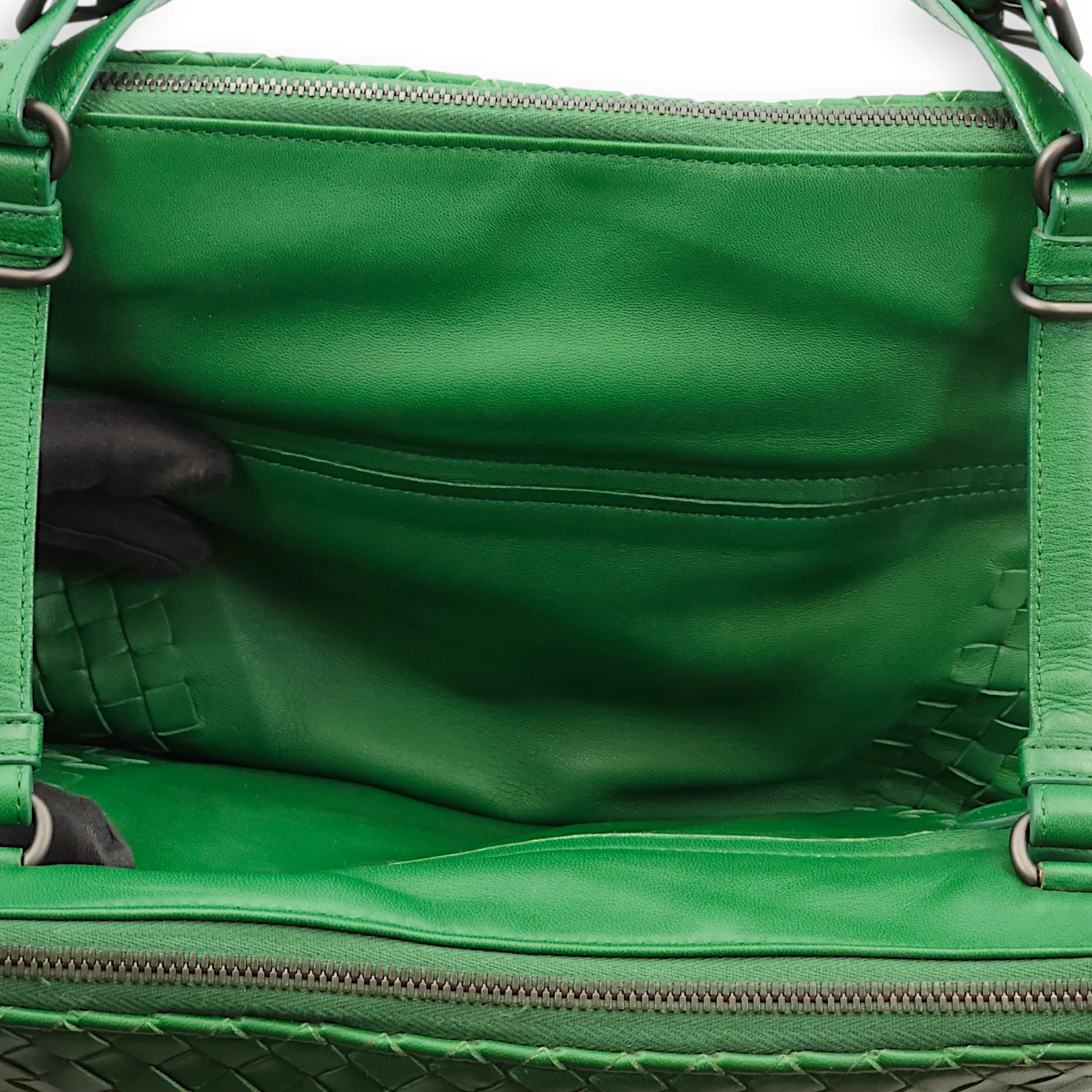 Intrecciato Green Shoulder Bag in Nappa Leather, Brunito hardware