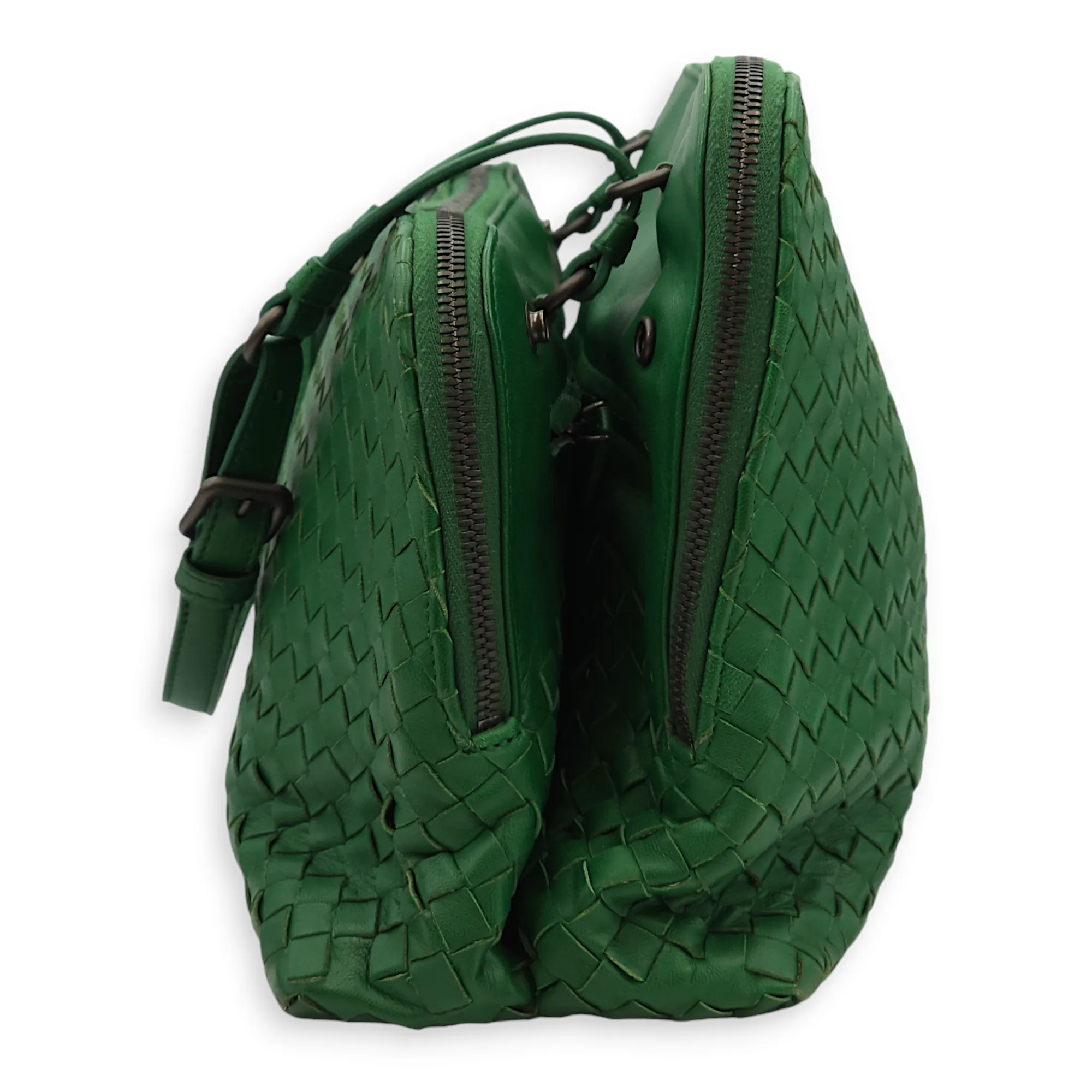 Intrecciato Green Shoulder Bag in Nappa Leather, Brunito hardware