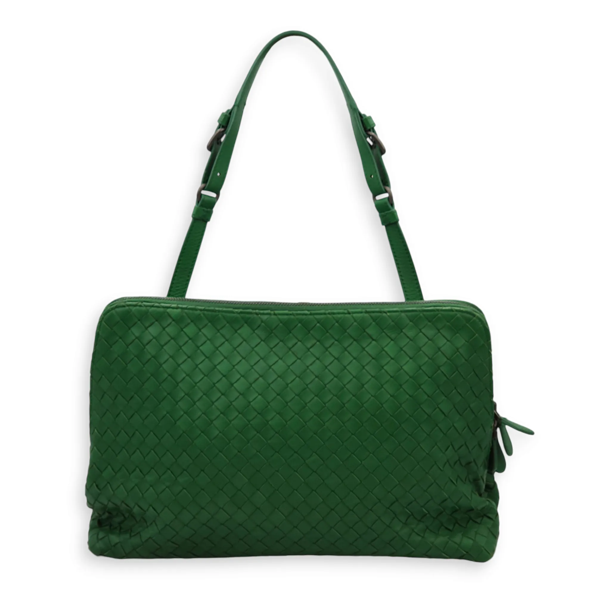 Intrecciato Green Shoulder Bag in Nappa Leather, Brunito hardware