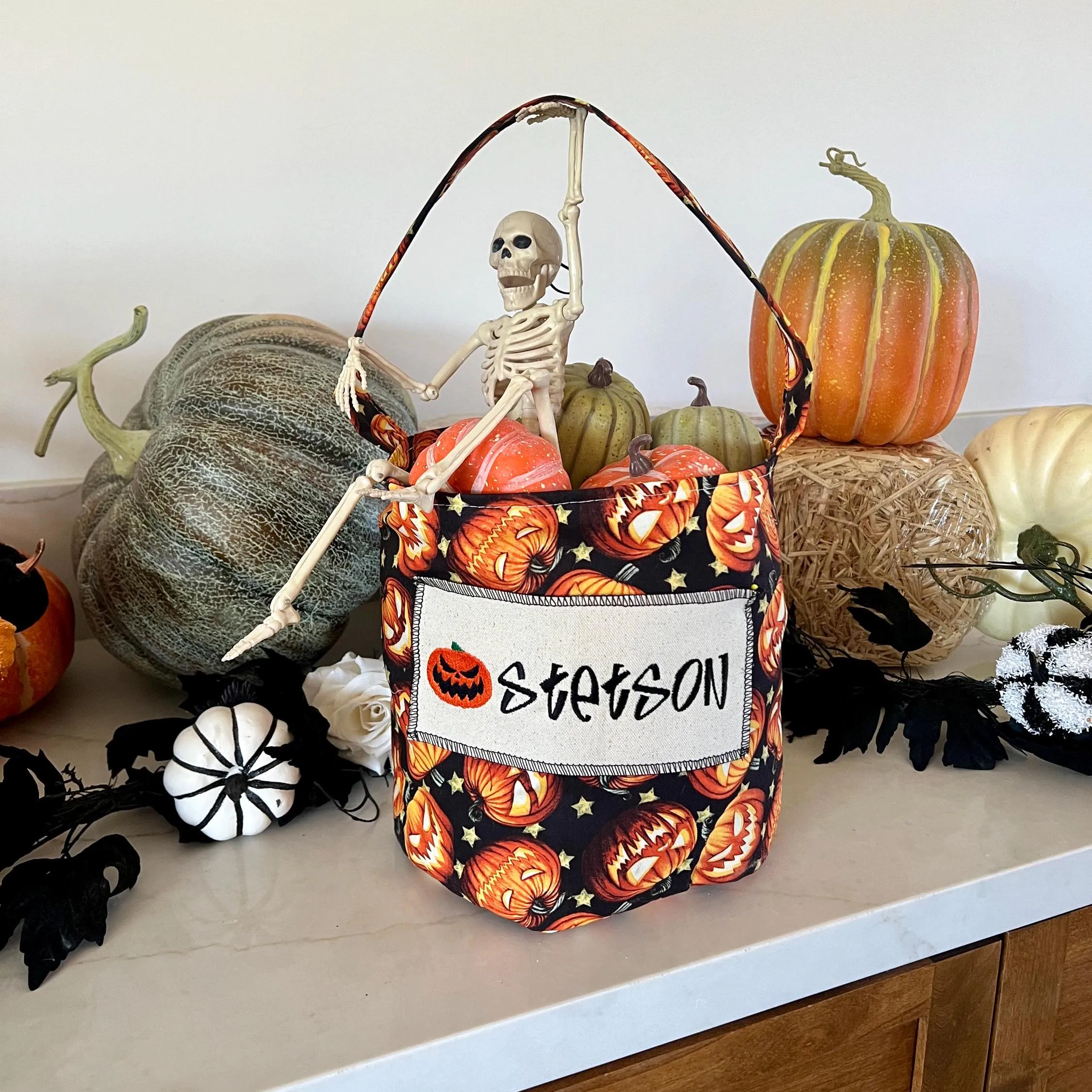 Jack o Lantern Trick or Treat Bag, Custom Halloween Bucket