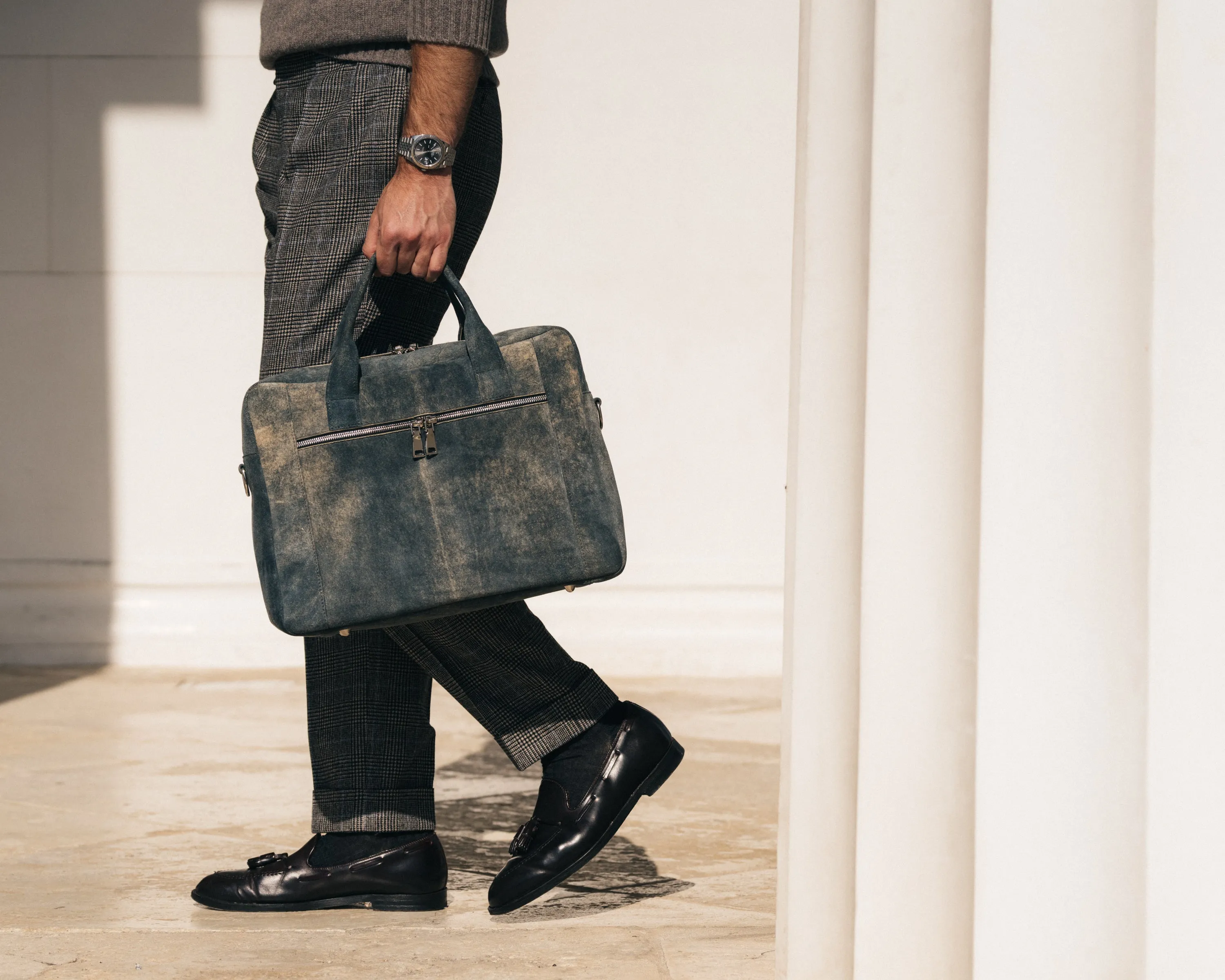 Laptop Carrying Bag Made From Jeans Blue Goatskin Suede