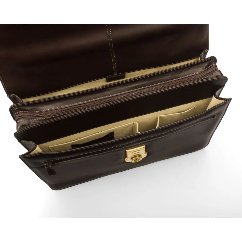 Large Leather Hatton Briefcase With Solid Brass Lock - Brown