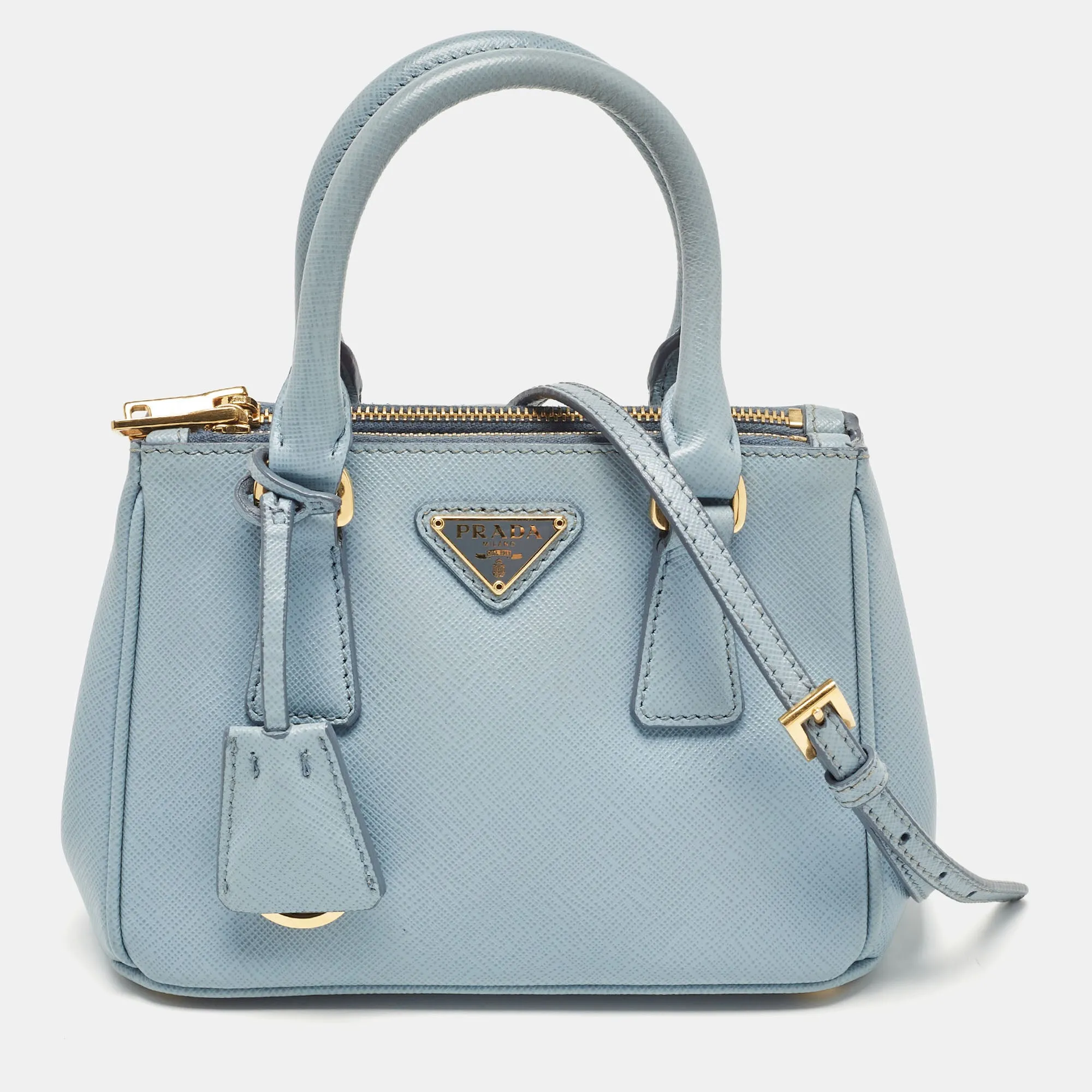 Light Blue Saffiano Lux Leather Micro Double Zip Tote