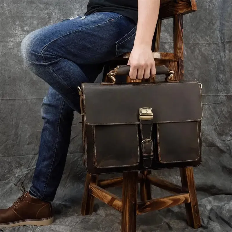 Luxury Genuine Leather Briefcase Laptop Bag Vintage Shoulder Bag