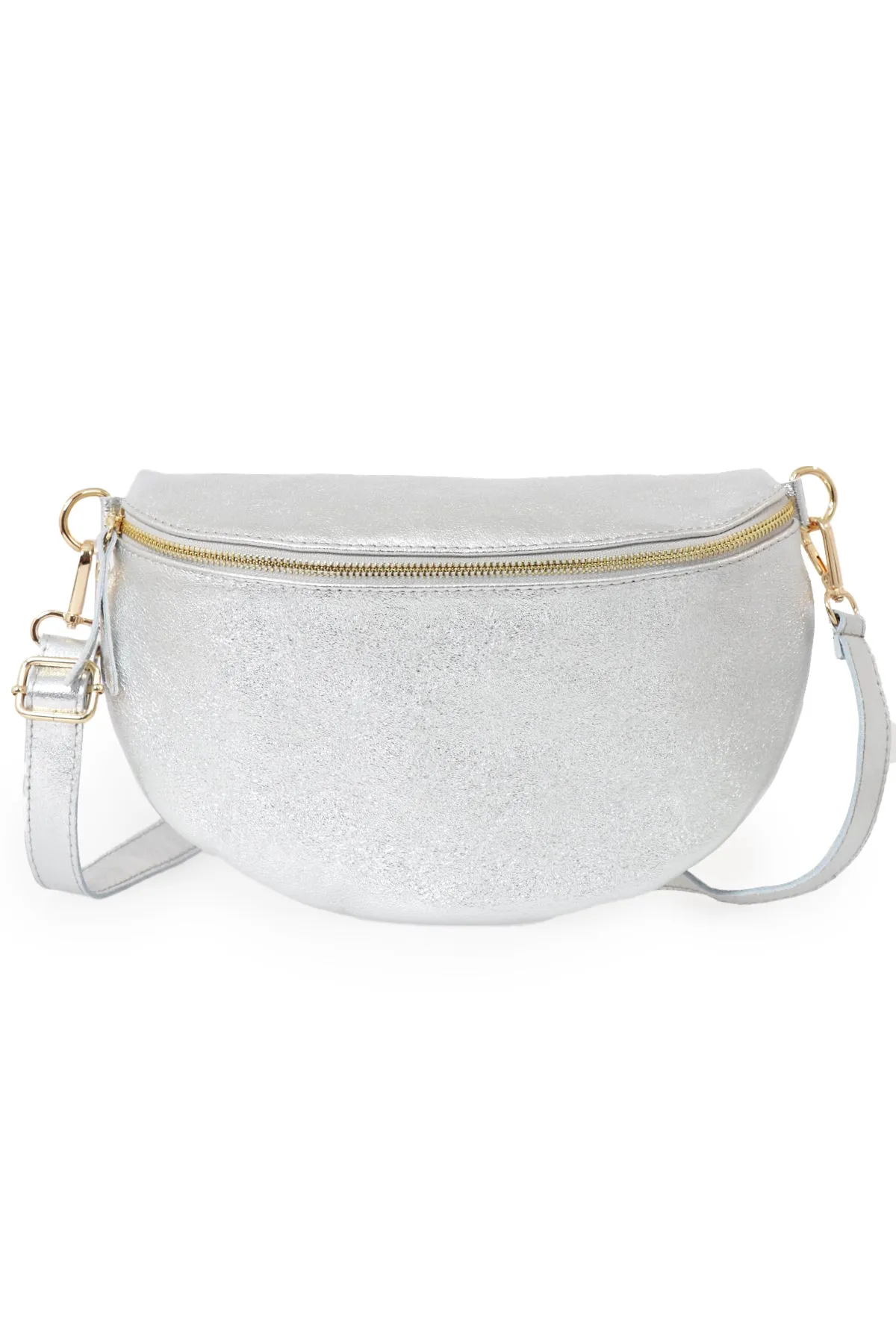 Meadow - Italian Leather Half-Moon Crossbody Bag - Silver, Metallic