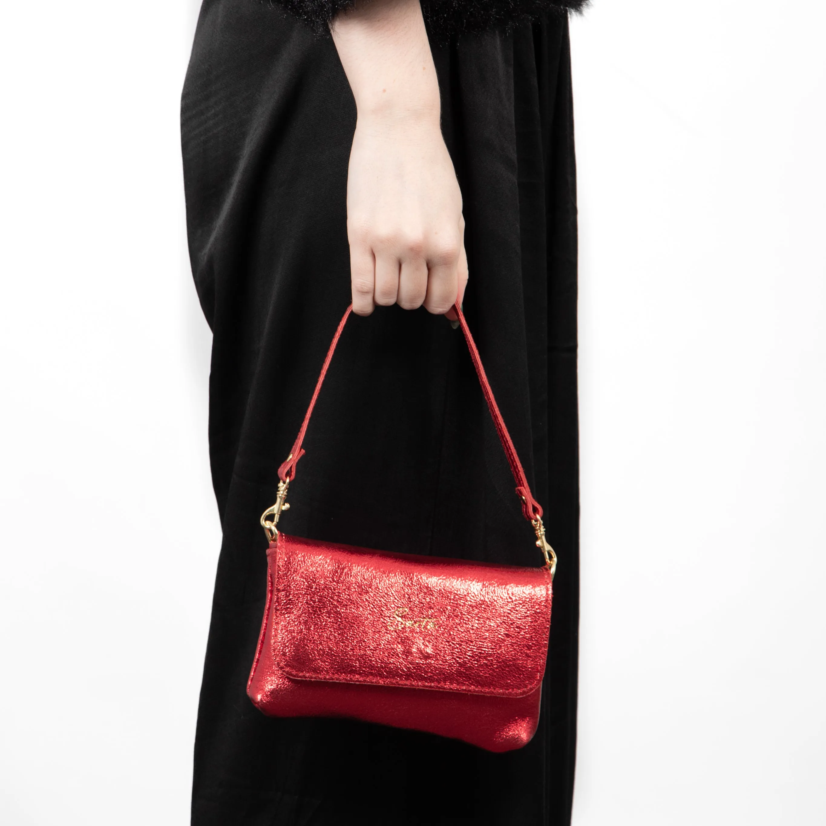 Olga - Italian Leather Mini Crossbody Bag - Scarlet, Metallic