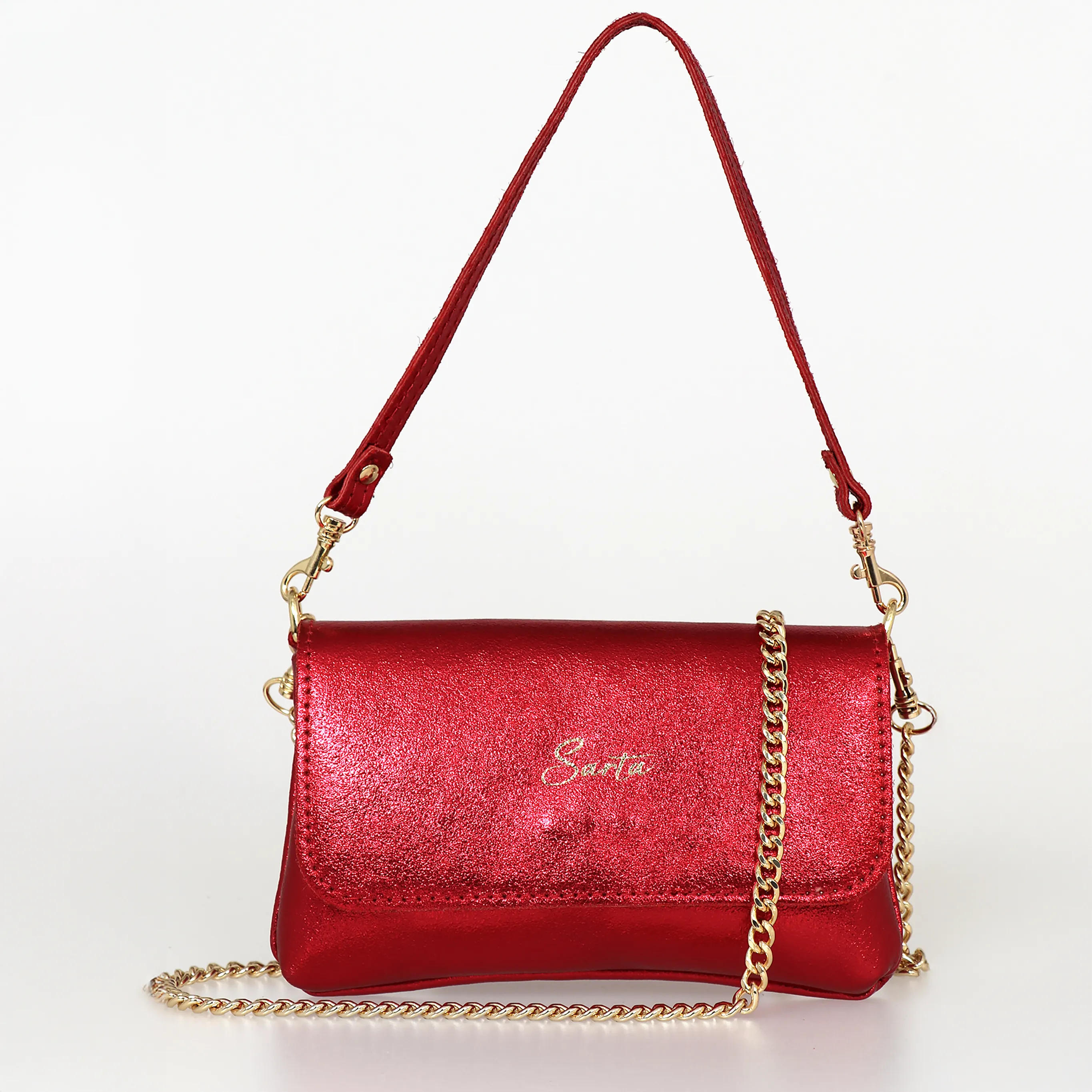 Olga - Italian Leather Mini Crossbody Bag - Scarlet, Metallic