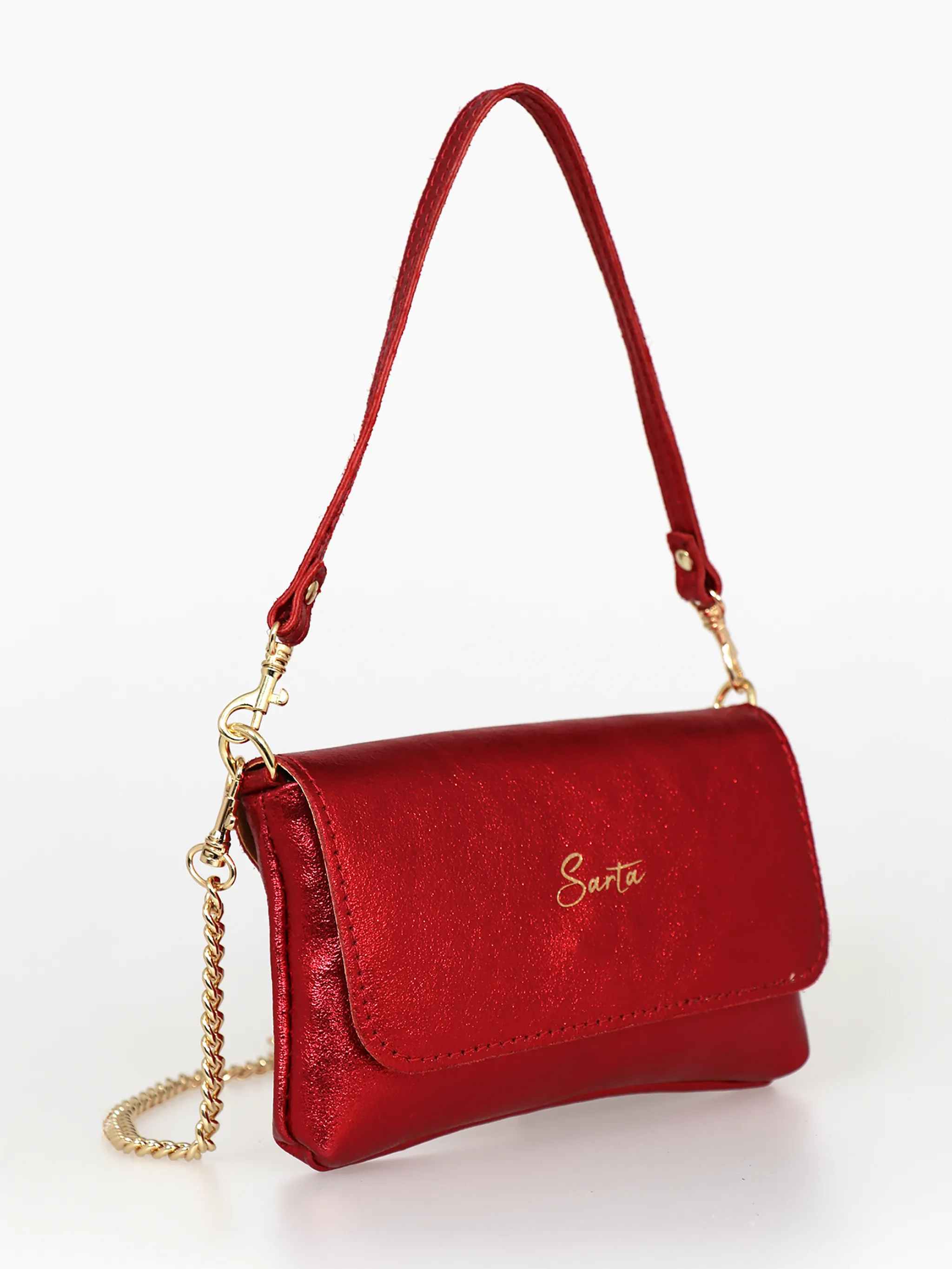 Olga - Italian Leather Mini Crossbody Bag - Scarlet, Metallic