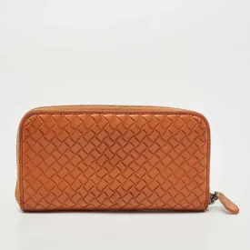 Orange Intrecciato Leather Zip Around Continental Wallet