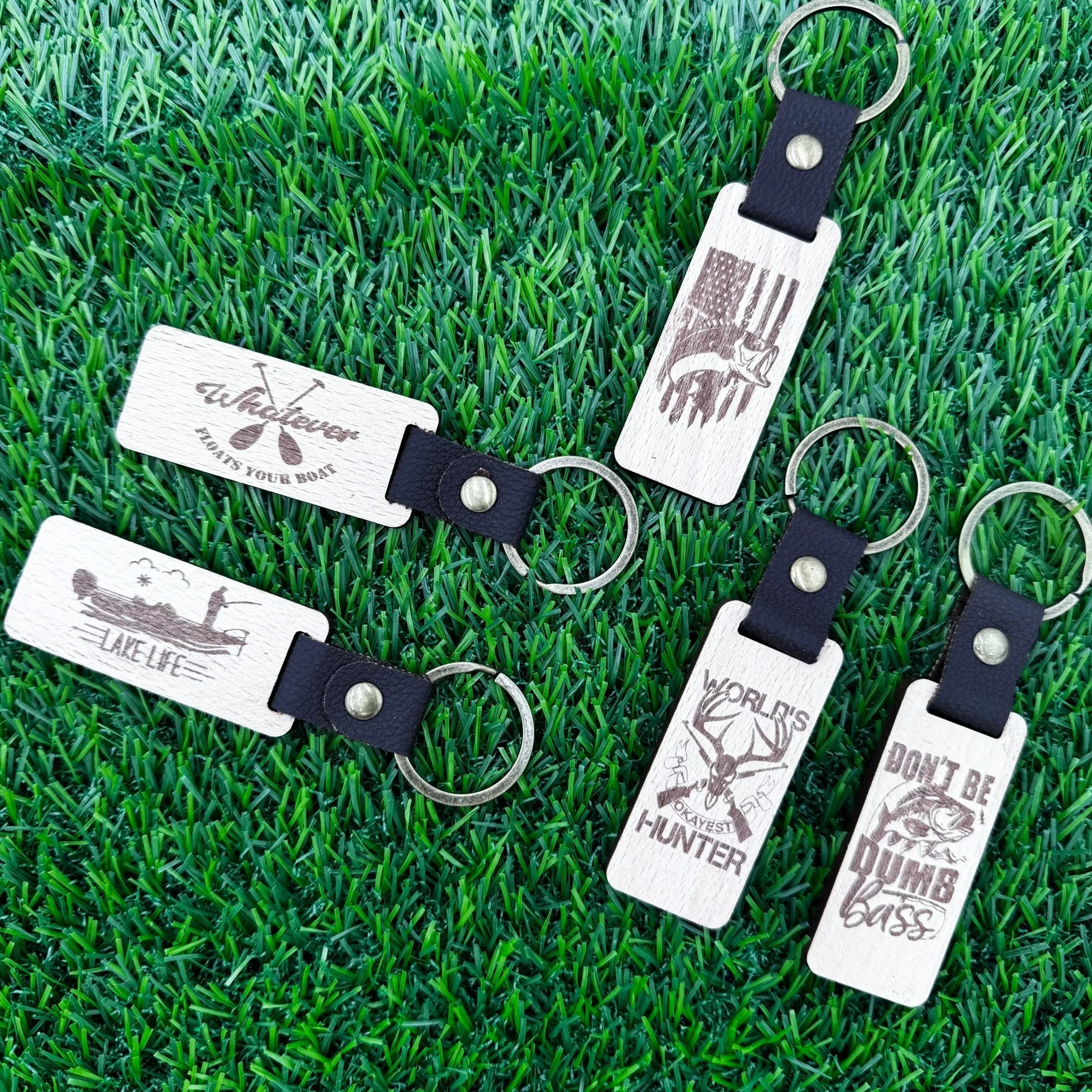 Outdoor-Themed Wooden Keychains with Leather & Metal – 5 Fun Designs