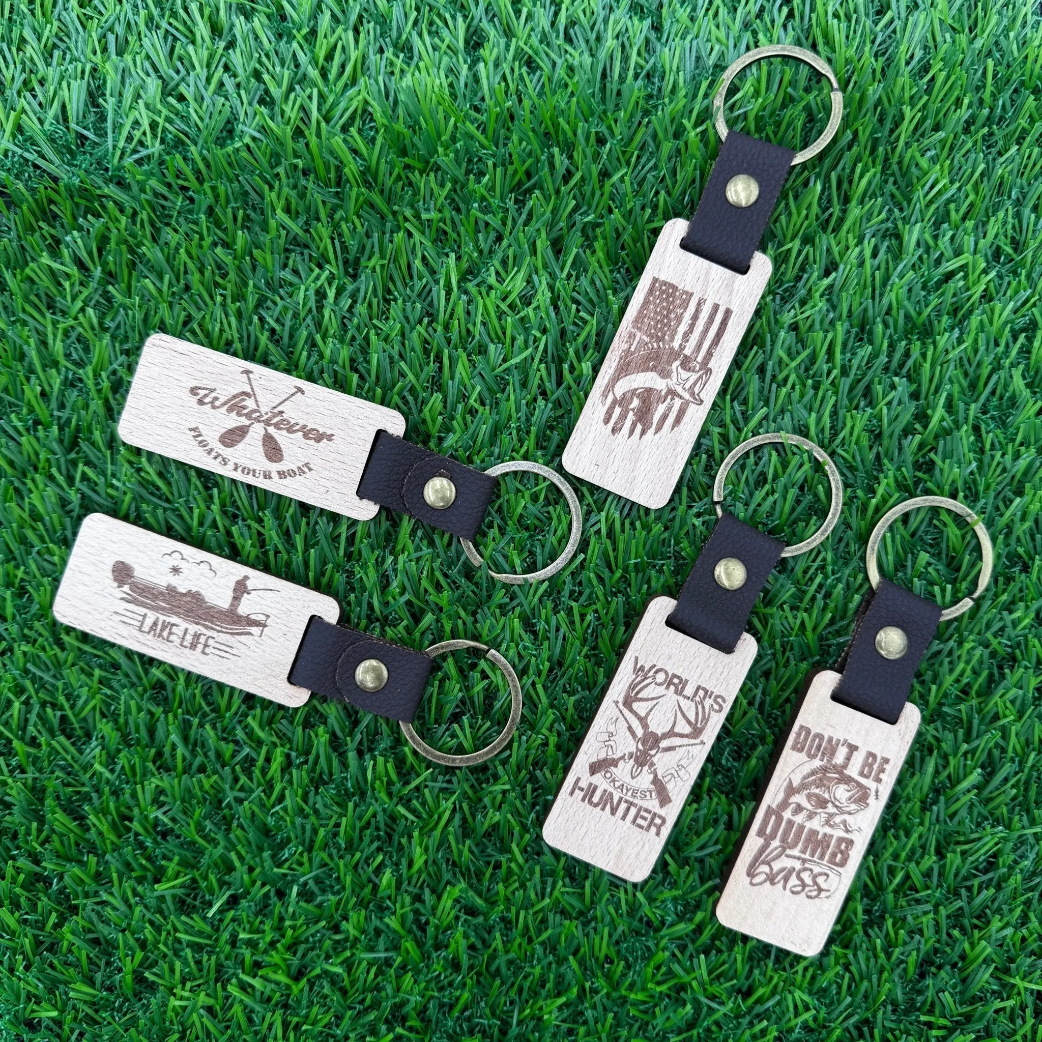 Outdoor-Themed Wooden Keychains with Leather & Metal – 5 Fun Designs