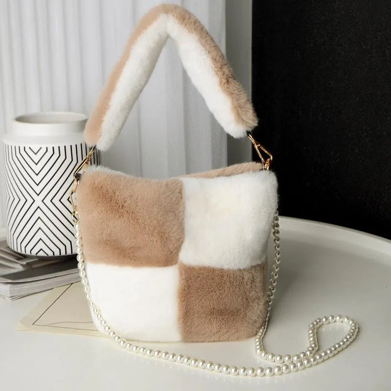 Pearl Chain Winter Checkerboard Plush Bucket Bag