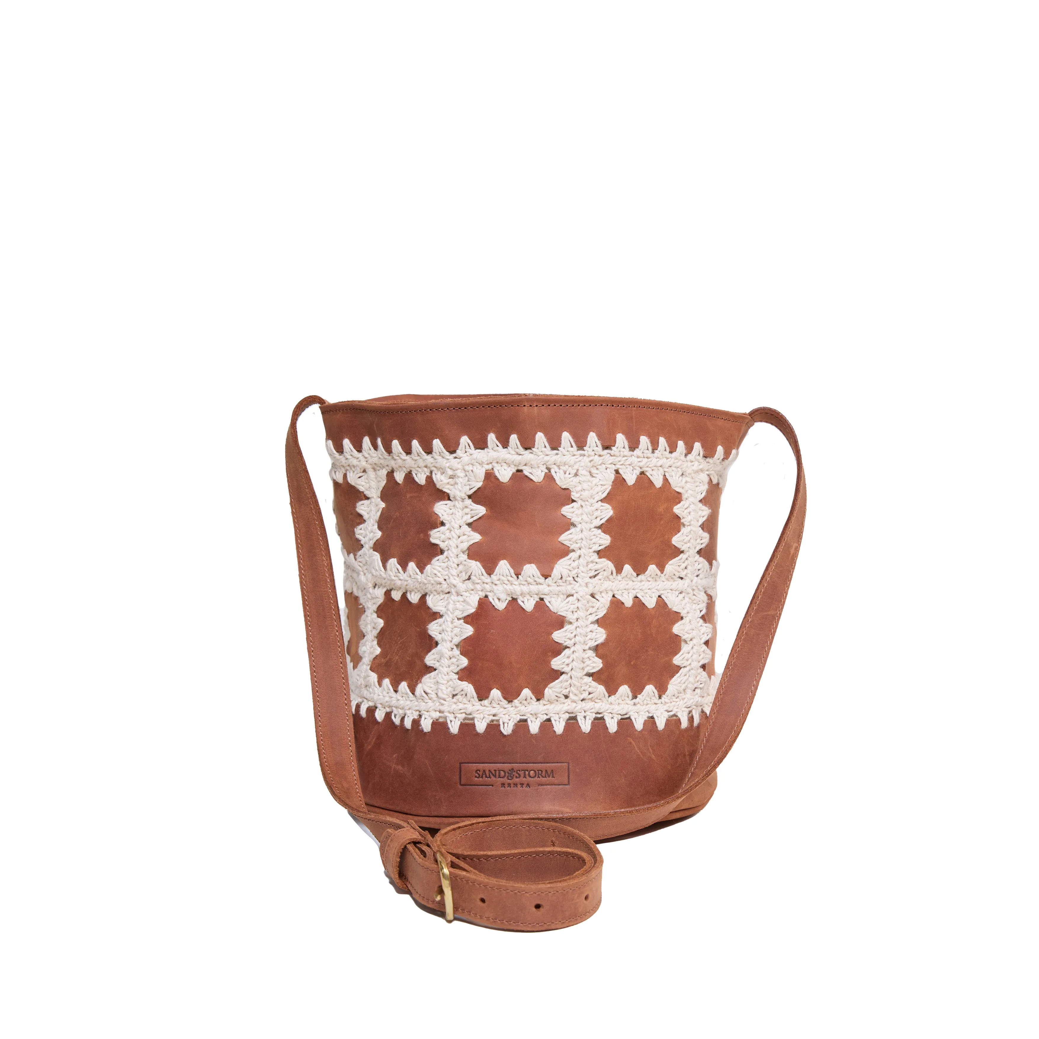 Pull-up Leather Bucket Patched Crochet Bag