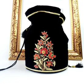 Red Floral Black Velvet Bucket Bag Potli Bag