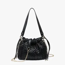 Ruched Drawstring Woven Satchel - Black