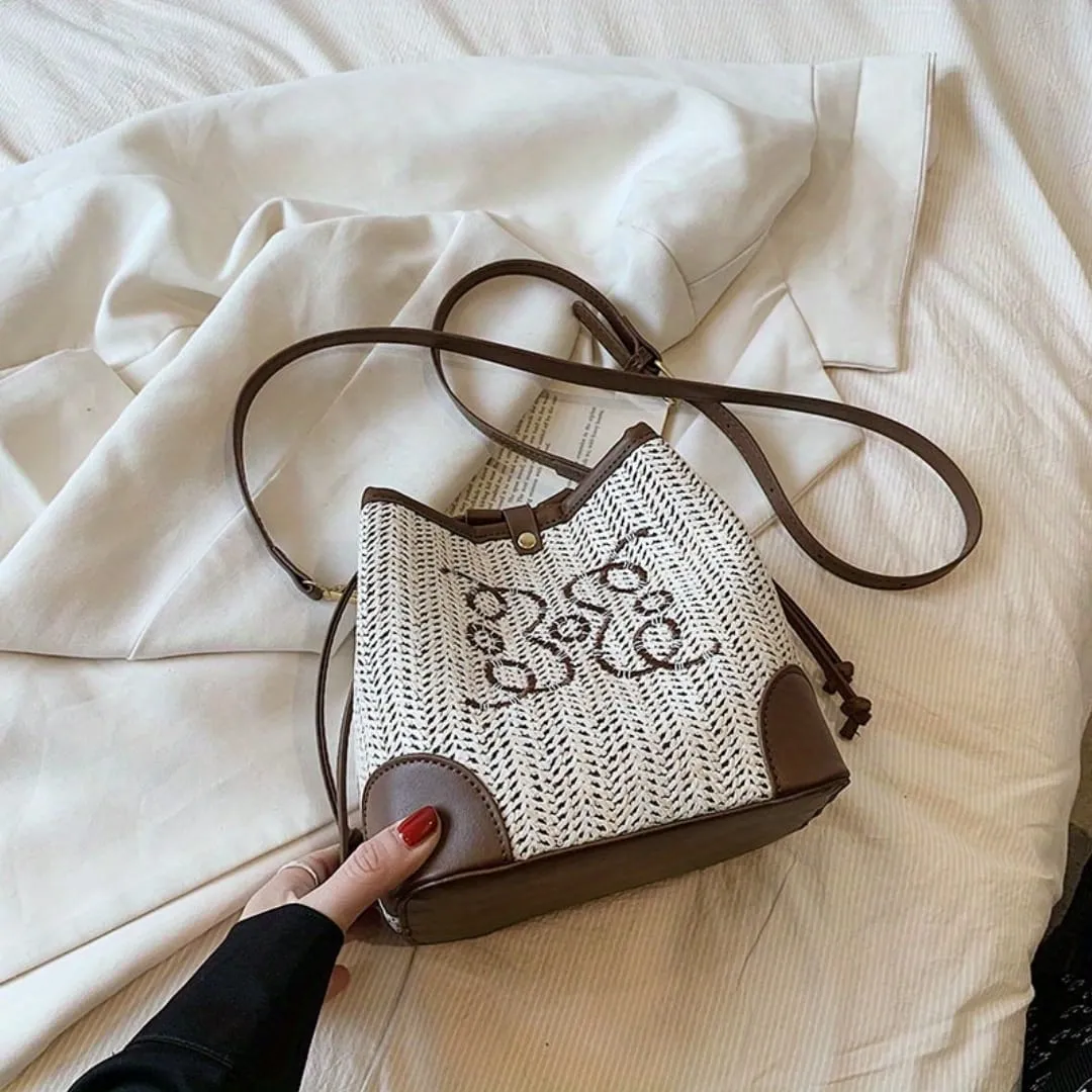 Small Woven Straw, Luxury Embroidery Bucket Bag 357665