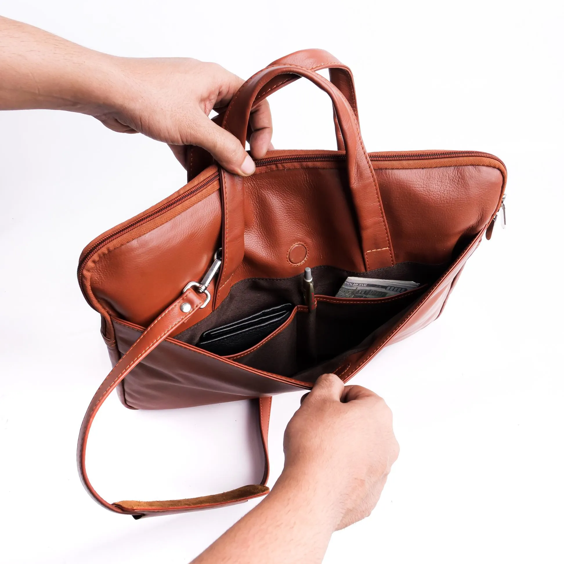 The Founder Ultra Slim Leather Laptop Bag-Tan Brown