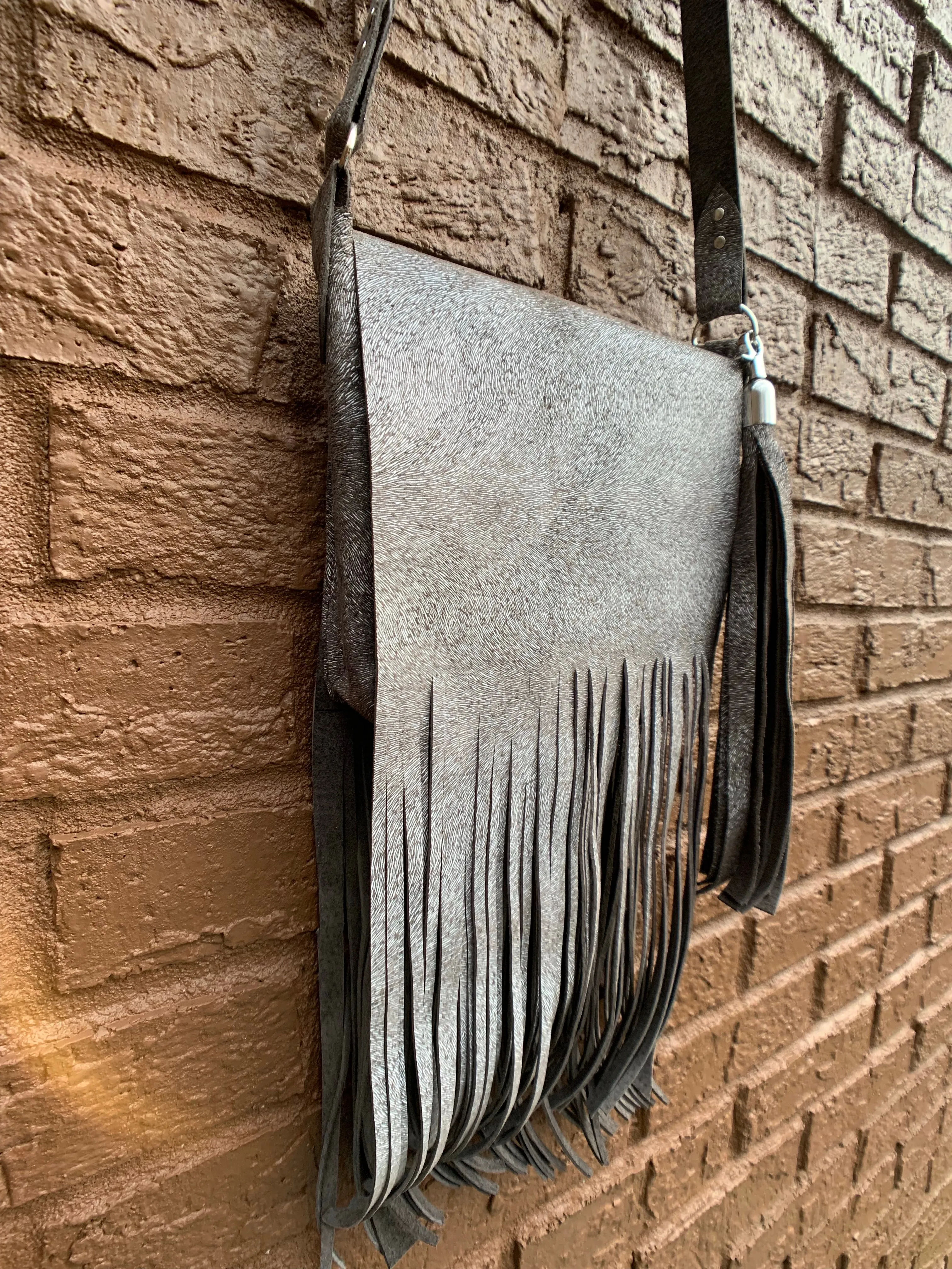 “The Gypsy” Crossbody Fringed Bag In Silver Pigskin