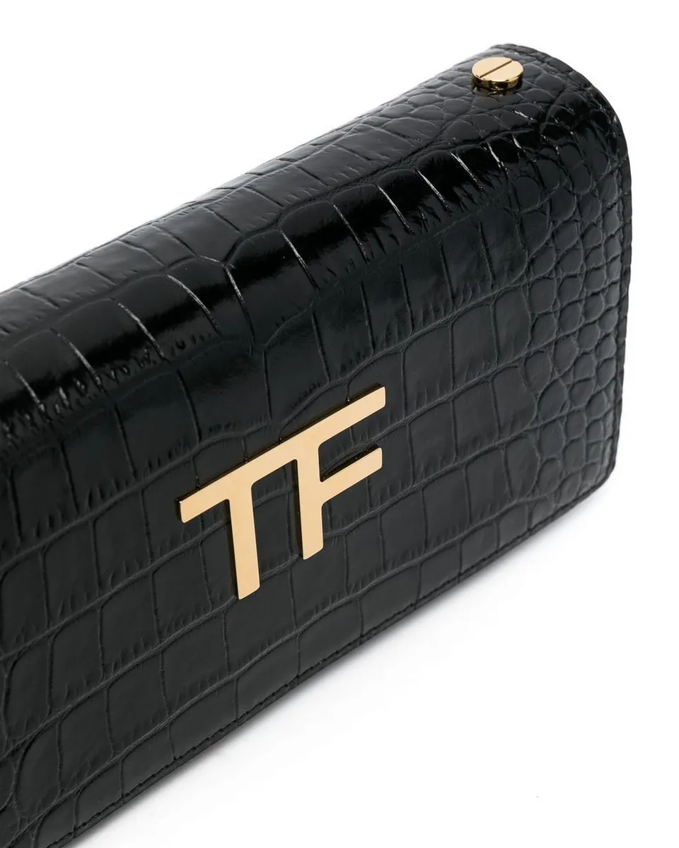 Tom Ford Womens Leather Croc Effect Logo Bag In Black