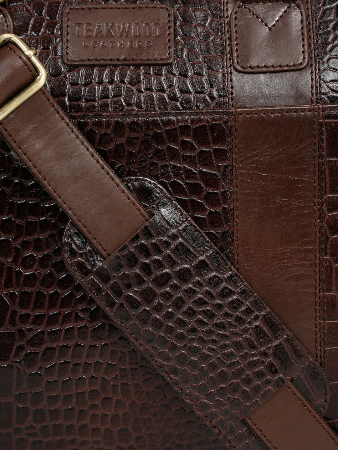 Unisex Brown Croco Texture Leather Bag