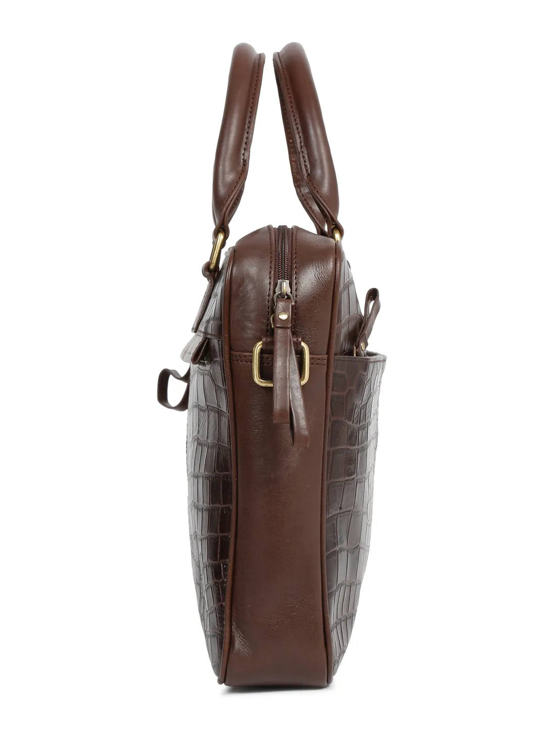 Unisex Brown Croco Texture Leather Bag