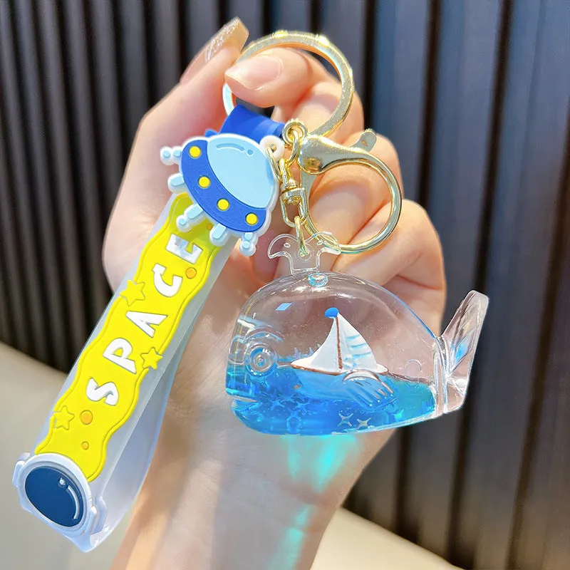 Wholesale Oil Blue Sailboat Liquid Quicksand Pendant Keychain