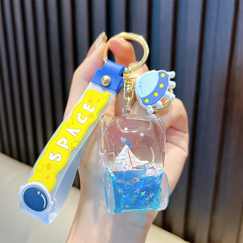 Wholesale Oil Blue Sailboat Liquid Quicksand Pendant Keychain